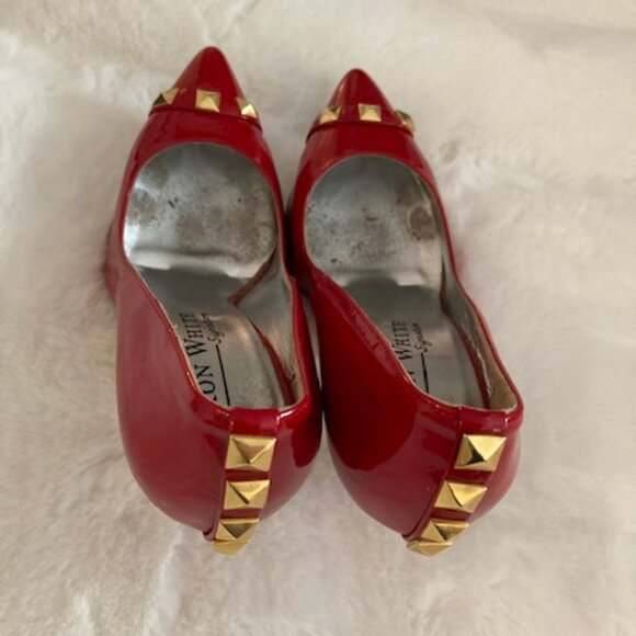 Ron White Patent Red Leather High Heel Pumps with Rock Studs (Pre Owned) - Picture 2 of 4